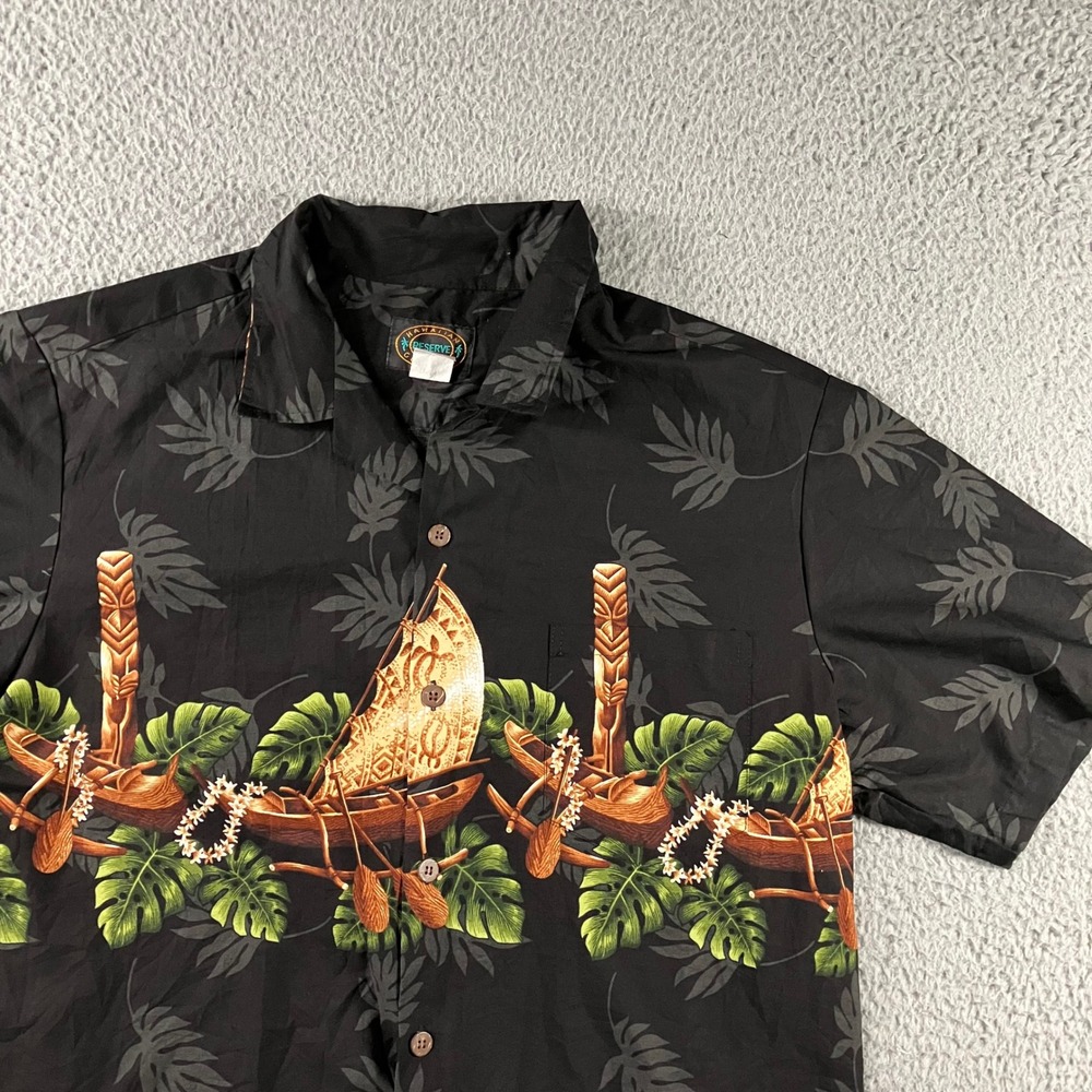 Vtg Hawaiian Reserve Shirt Men L Black Canoe Aloha‎ Tropical Cotton Made in USA